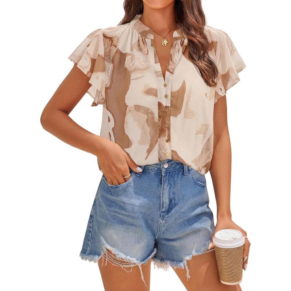 imageZESICA Womens Short Sleeve Floral Blouse 2026 Summer Botton Down Shirts Loose Casual Boho Tops Trendy OutfitsBrown