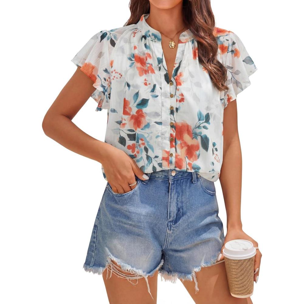 imageZESICA Womens Short Sleeve Floral Blouse 2026 Summer Botton Down Shirts Loose Casual Boho Tops Trendy OutfitsIvory