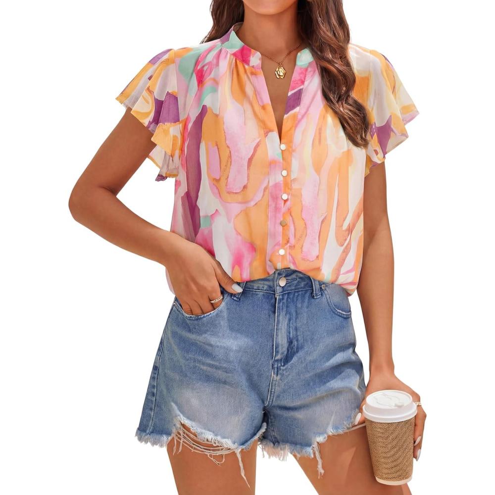 imageZESICA Womens Short Sleeve Floral Blouse 2026 Summer Botton Down Shirts Loose Casual Boho Tops Trendy OutfitsYellow Purple