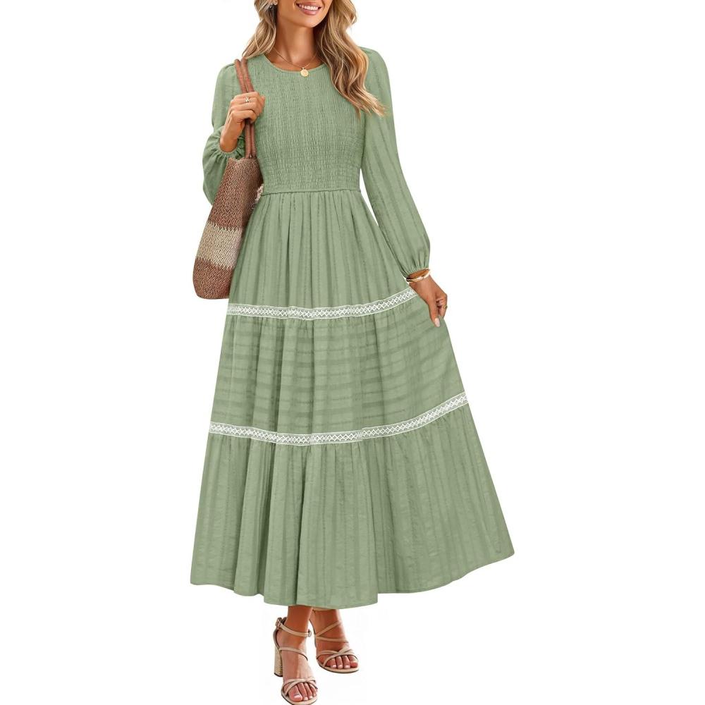 imageZESICA Womens Spring Long Sleeve Maxi Dresses 2026 Casual Crewneck Smocked A Line Tiered Flowy Wedding Guest Long DressPea Green