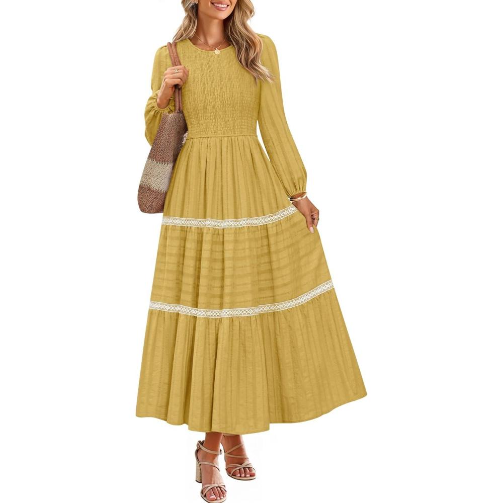 imageZESICA Womens Spring Long Sleeve Maxi Dresses 2026 Casual Crewneck Smocked A Line Tiered Flowy Wedding Guest Long DressYellow