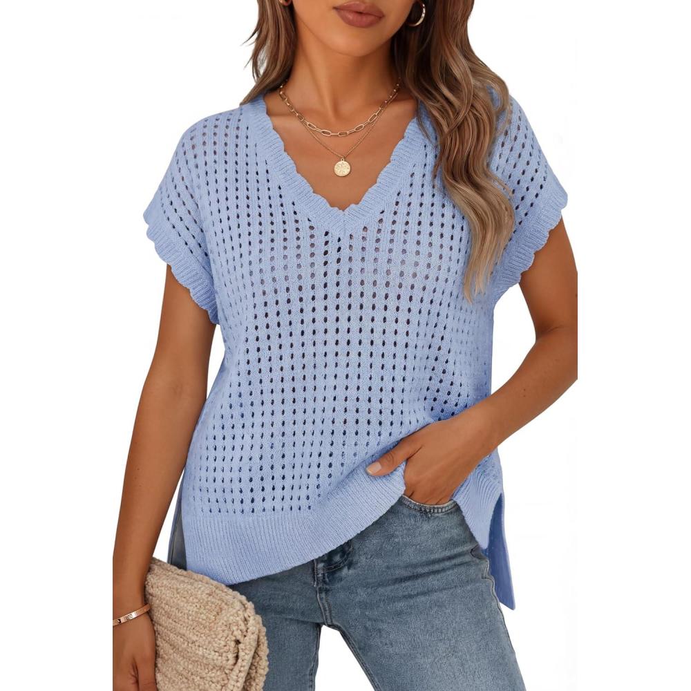 imageZESICA Womens Spring Tops 2026 Summer Shirts Crochet V Neck Cap Sleeve Sweater Cute Casual Beach Vacation ClothesBlue