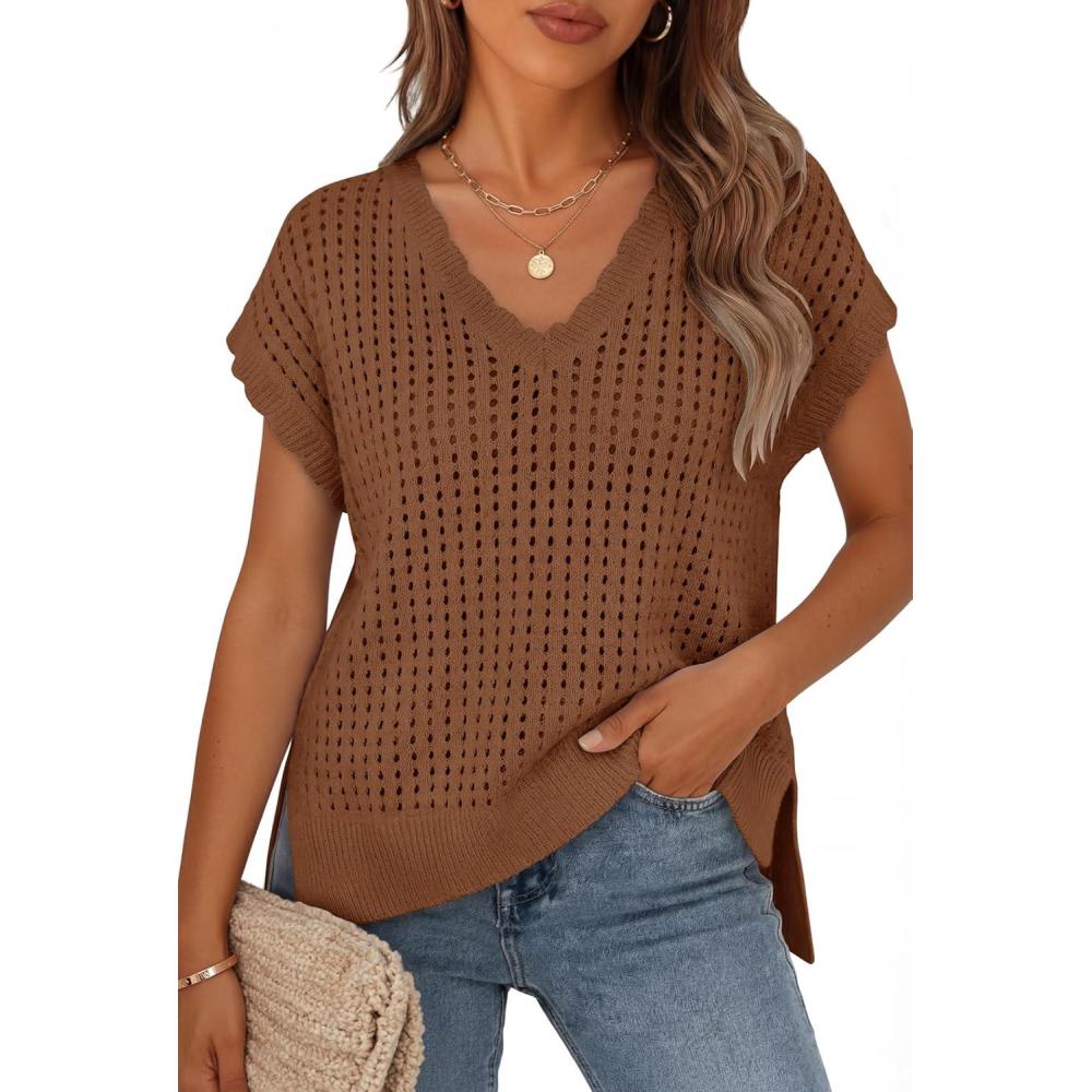imageZESICA Womens Spring Tops 2026 Summer Shirts Crochet V Neck Cap Sleeve Sweater Cute Casual Beach Vacation ClothesChocolate Brown