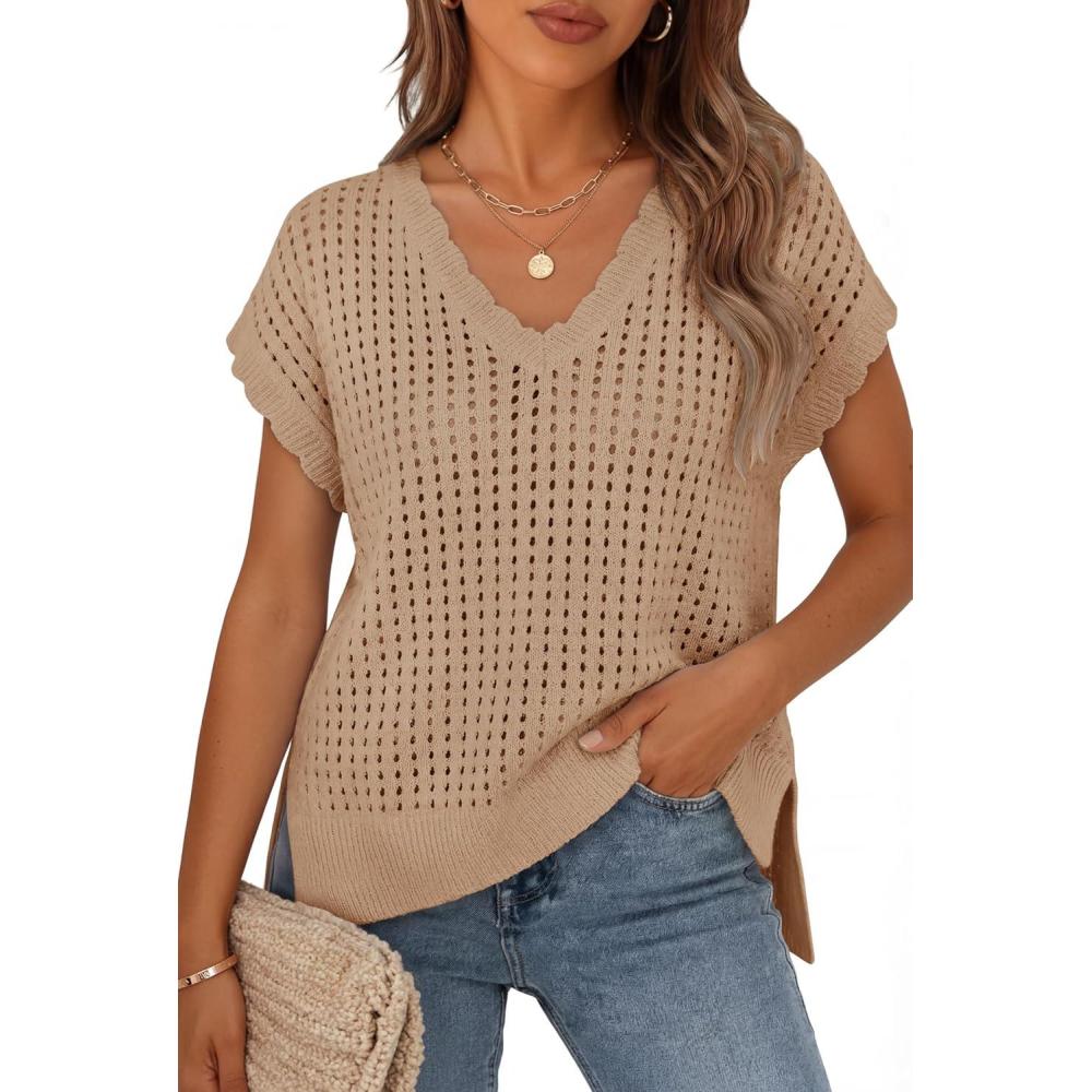 imageZESICA Womens Spring Tops 2026 Summer Shirts Crochet V Neck Cap Sleeve Sweater Cute Casual Beach Vacation ClothesLight Khaki