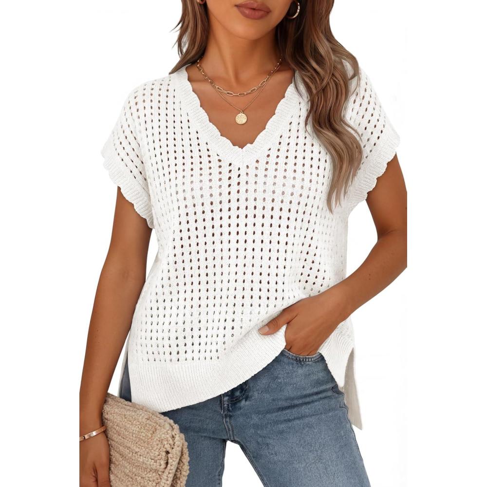 imageZESICA Womens Spring Tops 2026 Summer Shirts Crochet V Neck Cap Sleeve Sweater Cute Casual Beach Vacation ClothesWhite