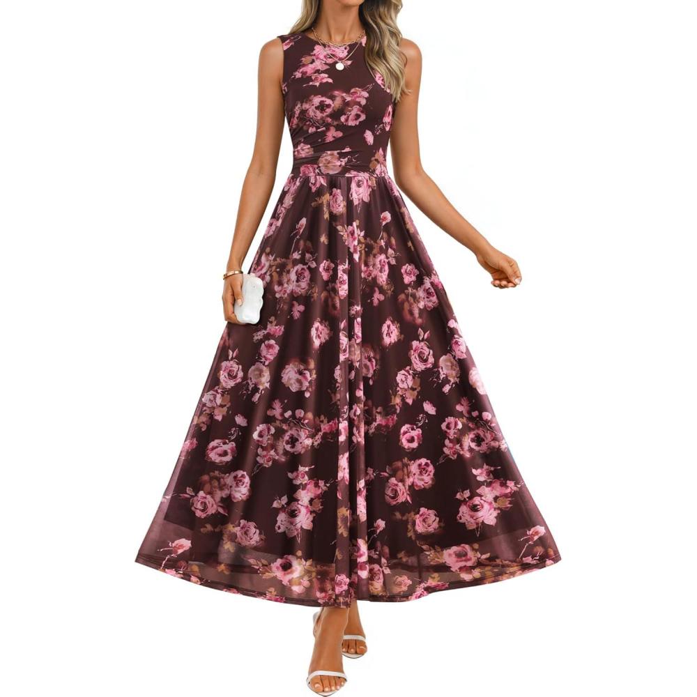 imageZESICA Womens Summer Sleeveless Floral Maxi Dress 2026 Casual Crewneck Mesh A Line Flowy Boho Beach Party Long DressesBrown