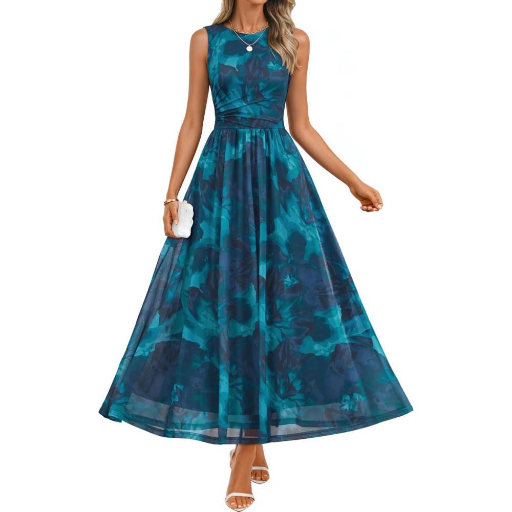 imageZESICA Womens Summer Sleeveless Floral Maxi Dress 2026 Casual Crewneck Mesh A Line Flowy Boho Beach Party Long DressesDarkblue