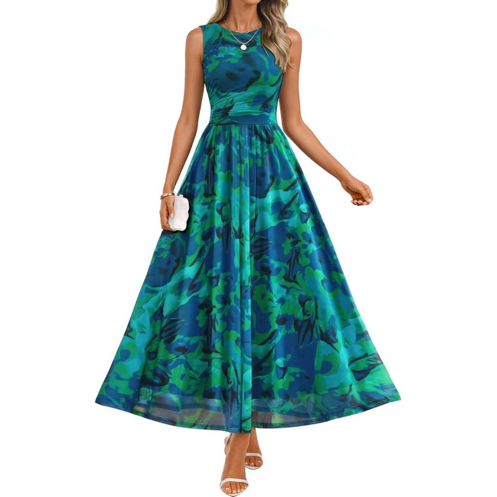imageZESICA Womens Summer Sleeveless Floral Maxi Dress 2026 Casual Crewneck Mesh A Line Flowy Boho Beach Party Long DressesDarkgreen