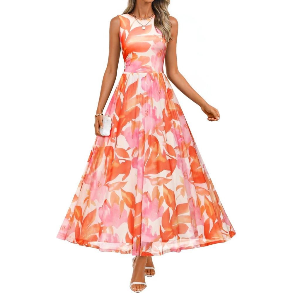 imageZESICA Womens Summer Sleeveless Floral Maxi Dress 2026 Casual Crewneck Mesh A Line Flowy Boho Beach Party Long DressesOrange