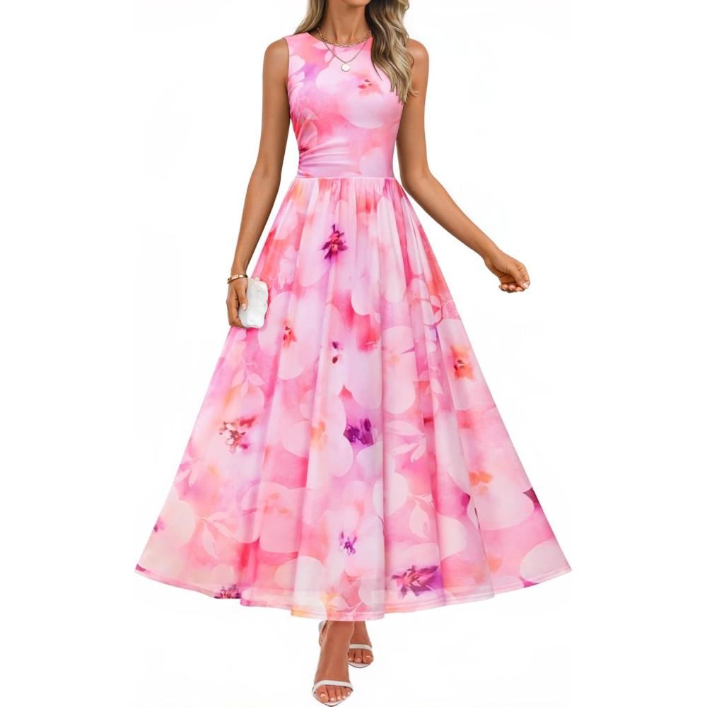 imageZESICA Womens Summer Sleeveless Floral Maxi Dress 2026 Casual Crewneck Mesh A Line Flowy Boho Beach Party Long DressesPink