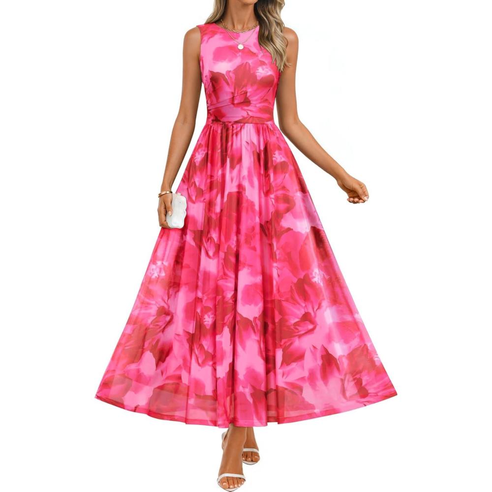 imageZESICA Womens Summer Sleeveless Floral Maxi Dress 2026 Casual Crewneck Mesh A Line Flowy Boho Beach Party Long DressesRose
