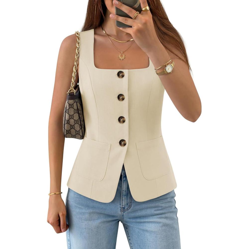 imageZESICA Womens Summer Sleeveless Suit Vest Tops 2026 Square Neck Button Down Vests Business Casual Work Blazer WaistcoatApricot
