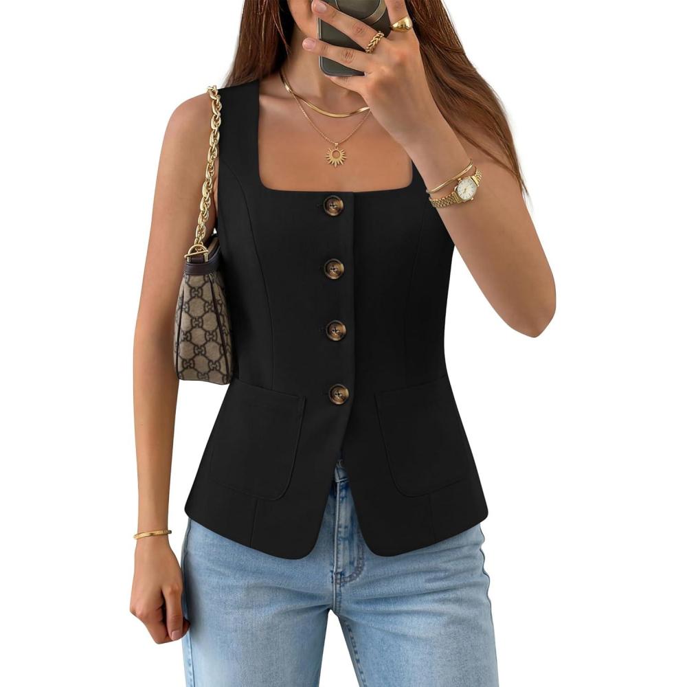imageZESICA Womens Summer Sleeveless Suit Vest Tops 2026 Square Neck Button Down Vests Business Casual Work Blazer WaistcoatBlack