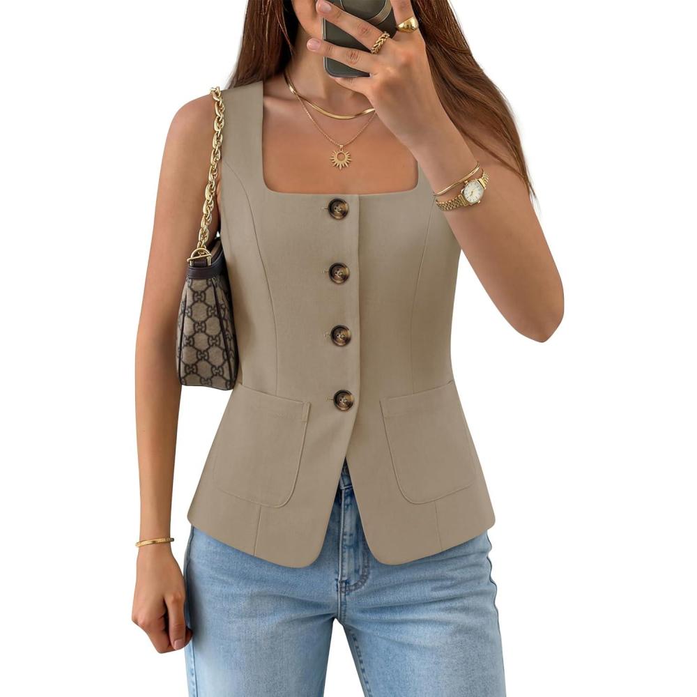 imageZESICA Womens Summer Sleeveless Suit Vest Tops 2026 Square Neck Button Down Vests Business Casual Work Blazer WaistcoatKhaki