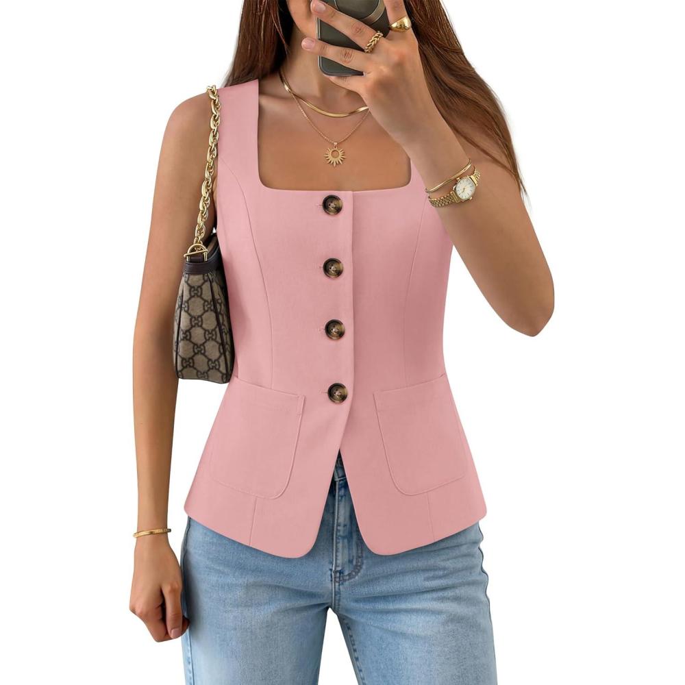 imageZESICA Womens Summer Sleeveless Suit Vest Tops 2026 Square Neck Button Down Vests Business Casual Work Blazer WaistcoatPink