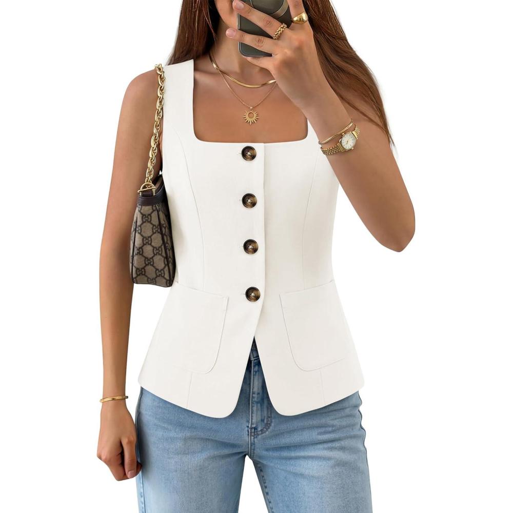 imageZESICA Womens Summer Sleeveless Suit Vest Tops 2026 Square Neck Button Down Vests Business Casual Work Blazer WaistcoatWhite