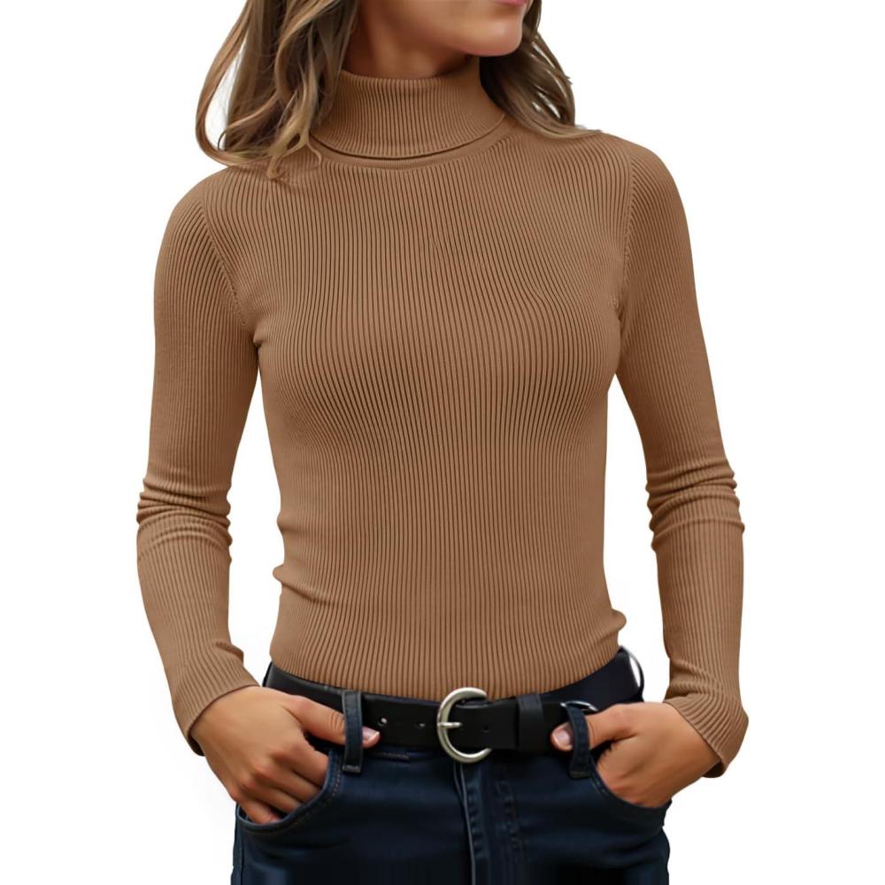 imageZESICA Womens Turtleneck Long Sleeve Shirts 2026 Spring Trendy Tops Slim Fitted Ribbed Knit Basic Casual SweaterBrown