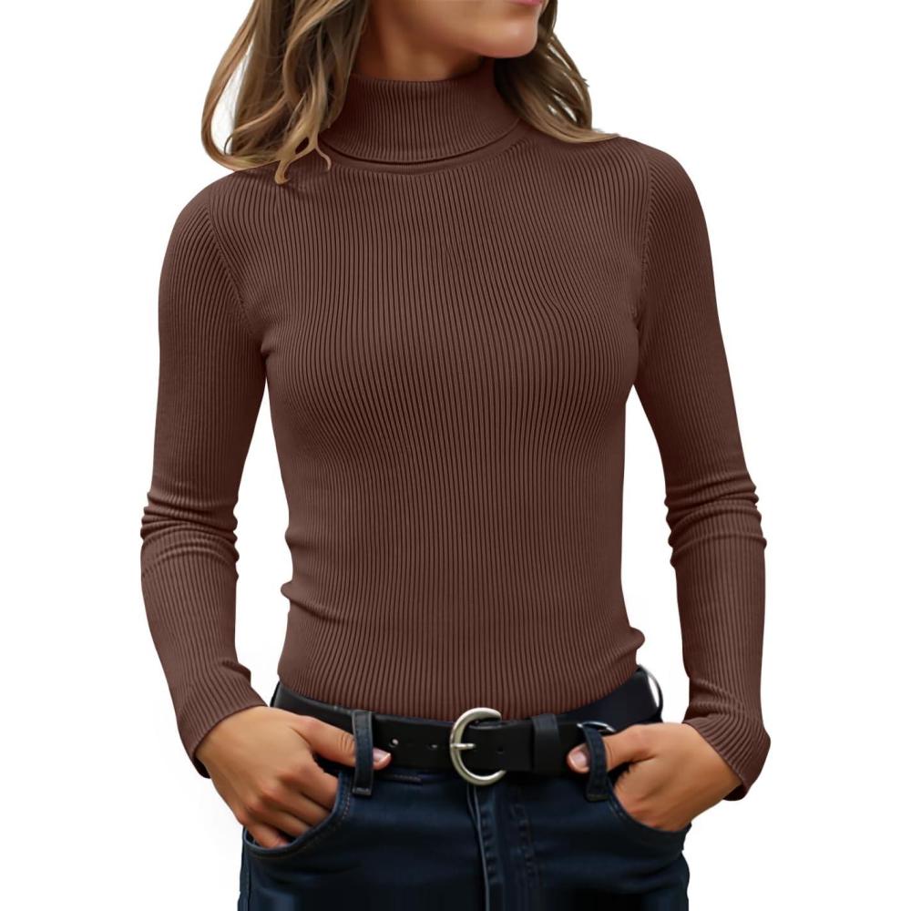 imageZESICA Womens Turtleneck Long Sleeve Shirts 2026 Spring Trendy Tops Slim Fitted Ribbed Knit Basic Casual SweaterCoffee
