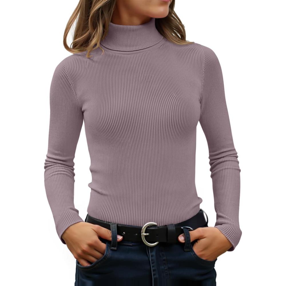 imageZESICA Womens Turtleneck Long Sleeve Shirts 2026 Spring Trendy Tops Slim Fitted Ribbed Knit Basic Casual SweaterTaro