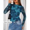 ZESICA Floral Long Sleeve Tops for Women Spring Mesh Mock Neck Ruched Fitted Shirts Going Out Blouses Trendy Clothes(Blue)