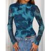 ZESICA Floral Long Sleeve Tops for Women Spring Mesh Mock Neck Ruched Fitted Shirts Going Out Blouses Trendy Clothes(Blue)