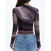 ZESICA Floral Long Sleeve Tops for Women Spring Mesh Mock Neck Ruched Fitted Shirts Going Out Blouses Trendy Clothes(Dark Purple)