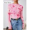 ZESICA Floral Long Sleeve Tops for Women Spring Mesh Mock Neck Ruched Fitted Shirts Going Out Blouses Trendy Clothes(Pink)