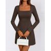 ZESICA Women’s 2026 Spring Long Sleeve Bodycon Mini Dress Casual Square Neck Slim Fit Cocktail Party Short Dresses(Brown)