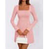 ZESICA Women’s 2026 Spring Long Sleeve Bodycon Mini Dress Casual Square Neck Slim Fit Cocktail Party Short Dresses(Pink)