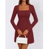 ZESICA Women’s 2026 Spring Long Sleeve Bodycon Mini Dress Casual Square Neck Slim Fit Cocktail Party Short Dresses(Wine)