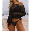 ZESICA Women’s 2026 Summer Crochet Hollow Out Long Sleeve Beach Bikini Swimsuit Mesh Cover Up Tunic Top(Black)