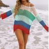 ZESICA Women’s 2026 Summer Crochet Hollow Out Long Sleeve Beach Bikini Swimsuit Mesh Cover Up Tunic Top(Bluegreen)