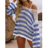 ZESICA Women’s 2026 Summer Crochet Hollow Out Long Sleeve Beach Bikini Swimsuit Mesh Cover Up Tunic Top(Cobalt)