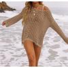 ZESICA Women’s 2026 Summer Crochet Hollow Out Long Sleeve Beach Bikini Swimsuit Mesh Cover Up Tunic Top(Deepapricot)