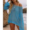 ZESICA Women’s 2026 Summer Crochet Hollow Out Long Sleeve Beach Bikini Swimsuit Mesh Cover Up Tunic Top(Lakeblue)