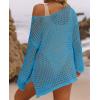 ZESICA Women’s 2026 Summer Crochet Hollow Out Long Sleeve Beach Bikini Swimsuit Mesh Cover Up Tunic Top(Lakeblue)