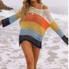ZESICA Women’s 2026 Summer Crochet Hollow Out Long Sleeve Beach Bikini Swimsuit Mesh Cover Up Tunic Top(Navy)