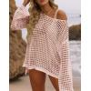 ZESICA Women’s 2026 Summer Crochet Hollow Out Long Sleeve Beach Bikini Swimsuit Mesh Cover Up Tunic Top(Pink)