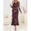ZESICA Women’s Fall Floral Long Sleeve Maxi Dress 2026 Boho Bodycon V Neck Ruffle Wedding Party Long Dresses(Black Rose)