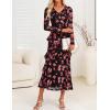 ZESICA Women’s Fall Floral Long Sleeve Maxi Dress 2026 Boho Bodycon V Neck Ruffle Wedding Party Long Dresses(Black Rose)