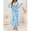 ZESICA Women’s Fall Floral Long Sleeve Maxi Dress 2026 Boho Bodycon V Neck Ruffle Wedding Party Long Dresses(Blue)