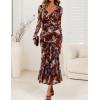 ZESICA Women’s Fall Floral Long Sleeve Maxi Dress 2026 Boho Bodycon V Neck Ruffle Wedding Party Long Dresses(Brown)