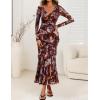 ZESICA Women’s Fall Floral Long Sleeve Maxi Dress 2026 Boho Bodycon V Neck Ruffle Wedding Party Long Dresses(Brown)
