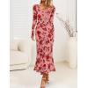 ZESICA Women’s Fall Floral Long Sleeve Maxi Dress 2026 Boho Bodycon V Neck Ruffle Wedding Party Long Dresses(Dark Pink)