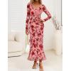 ZESICA Women’s Fall Floral Long Sleeve Maxi Dress 2026 Boho Bodycon V Neck Ruffle Wedding Party Long Dresses(Dark Pink)