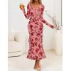 ZESICA Women’s Fall Floral Long Sleeve Maxi Dress 2026 Boho Bodycon V Neck Ruffle Wedding Party Long Dresses(Dark Pink)