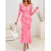 ZESICA Women’s Fall Floral Long Sleeve Maxi Dress 2026 Boho Bodycon V Neck Ruffle Wedding Party Long Dresses(Pink)