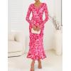 ZESICA Women’s Fall Floral Long Sleeve Maxi Dress 2026 Boho Bodycon V Neck Ruffle Wedding Party Long Dresses(Rose)