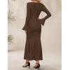 ZESICA Women’s Long Sleeve Bodycon Maxi Dress 2026 Fall Fashion Floral Sexy Mermaid Wedding Guest Cocktail Party Dresses(Coffee)