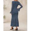 ZESICA Women’s Long Sleeve Bodycon Maxi Dress 2026 Fall Fashion Floral Sexy Mermaid Wedding Guest Cocktail Party Dresses(Dustyblue)